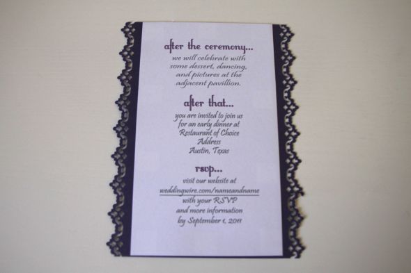 Laced Edge Invites Tutorial : wedding lace punch simple purple white silver invitations Invite Mock Up Back