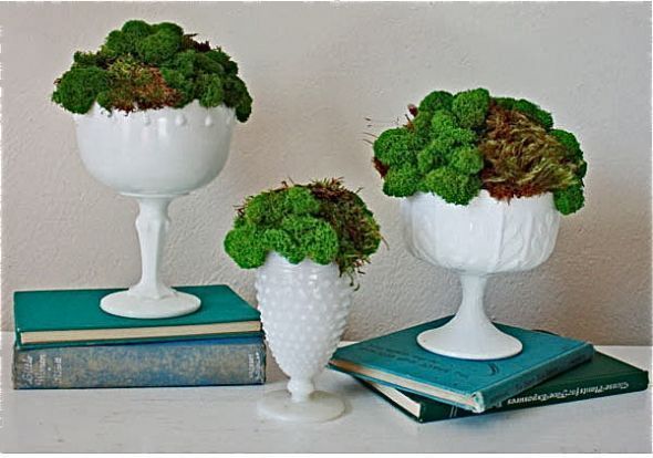 Milk Glass Collection & Vintage Cake Topper!!!!! :  wedding Diy Milkglass Moss Centerpiece1 2 2 2