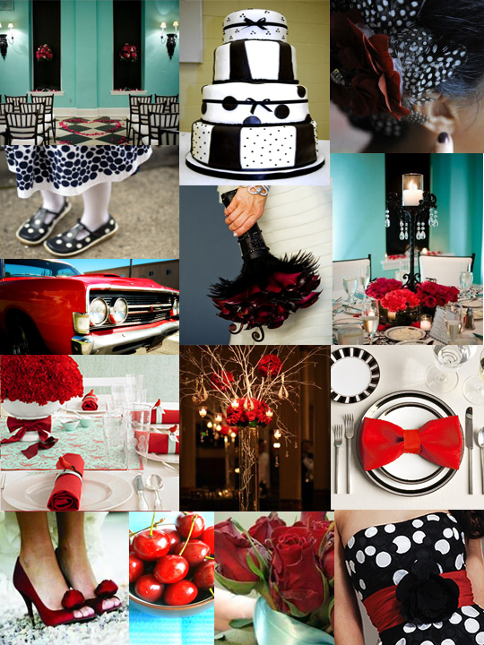 Black and White with red and aqua And lots of polka dots