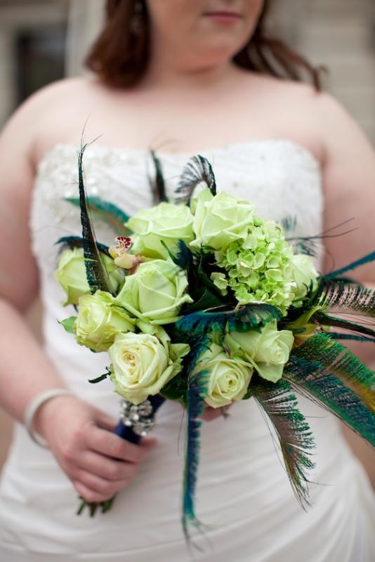 My green and peacock bouquet with my grandmother's antique brooch on the 