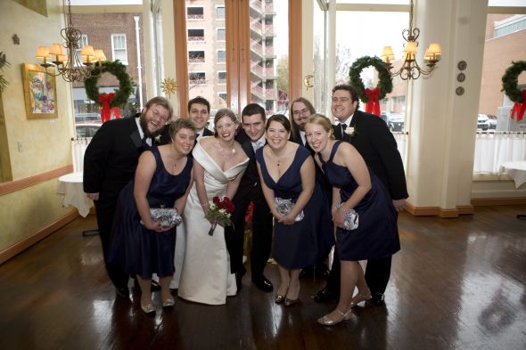 Navy blue bridesmaids with blacktux groomsmen wedding dresses navy tux 