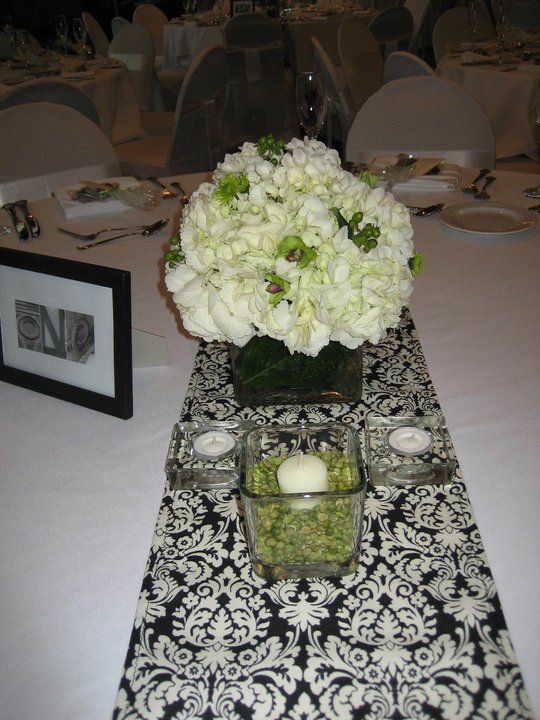 Im Hitched!!! :  wedding green white damask bride groom flowers centerpieces married pictures wedding dress 60581 859589912882 12108285 46894367 1398077 N