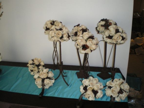  Lots of stuff in Chocolate Ivory Gold turquoise wedding Pomander 