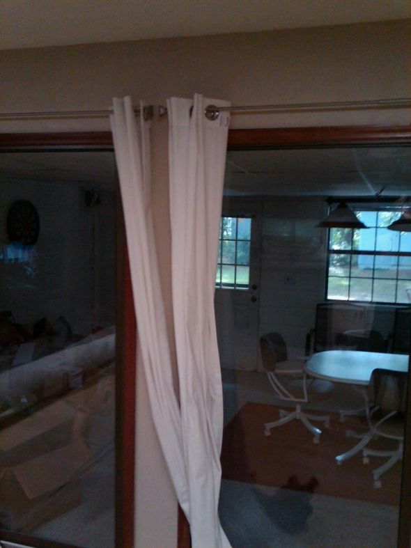 Any one up for a living room decorating challenge? :  wedding living room family room decorating drapes window sliding glass door fireplace redcorating curtains White Curtains From Ikea Dromet