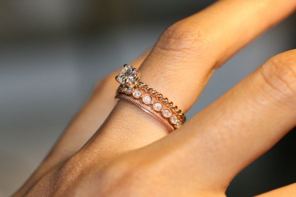 Does anyone wear two bands UNDER their e-ring? :  wedding ring engagement ring two bands wedding band Rosegoldstack