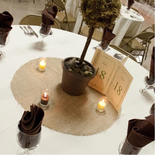 Moss decor topiary centerpieces burlap table covers votive holders and