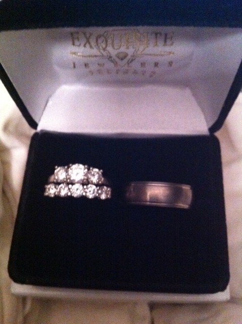 Here is my three stone engagement ring and my five stone wedding band