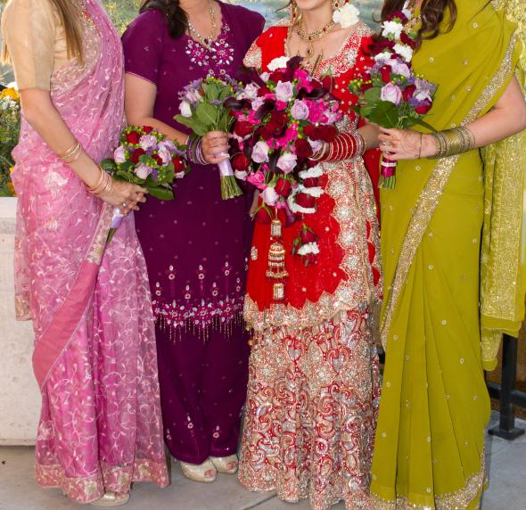 wedding green pink purple red bridesmaids bouquet dress indian sari
