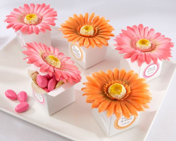 You might consider these brand new hot pink and orange favor boxes