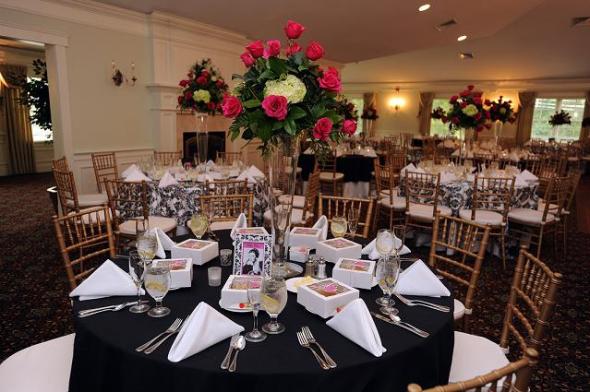 Centerpieces wedding centerpiece damask table overlays black pink white 