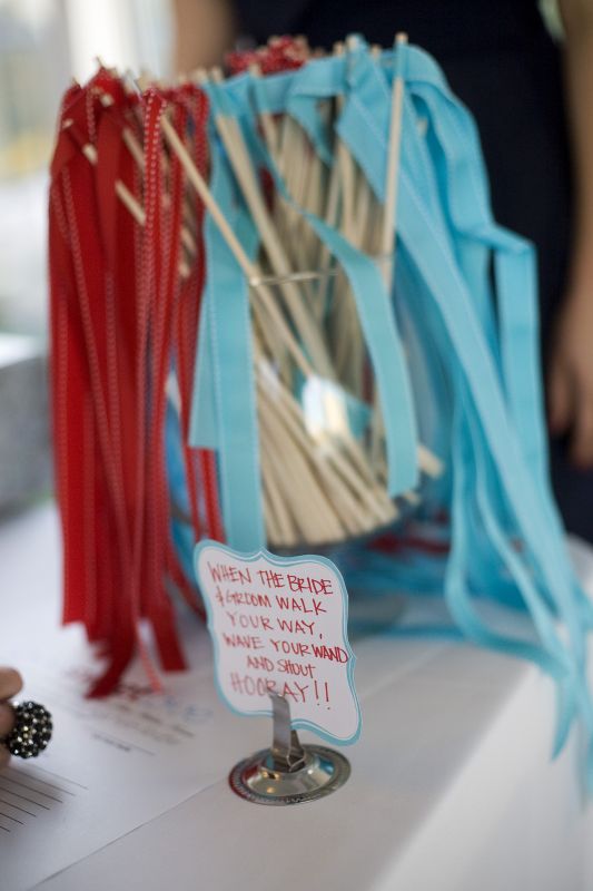 ribbon wands! :  wedding teal red ceremony diy  319