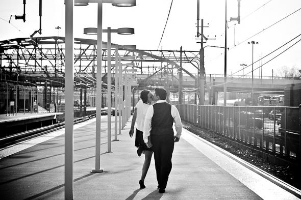 Vintage Glam with a modern twist wedding Train Station Kiss