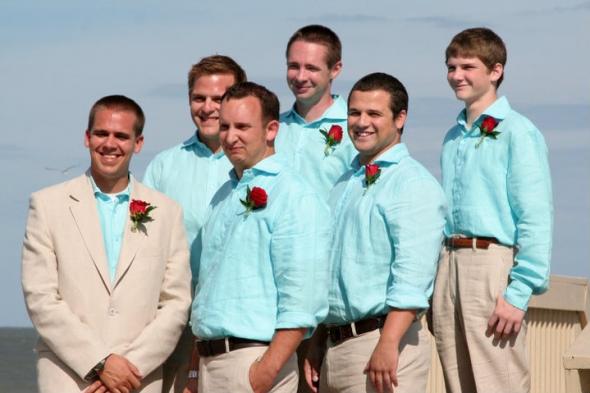 Groom and his guys wedding beach aqua linen suit blue red Kirk And Guys