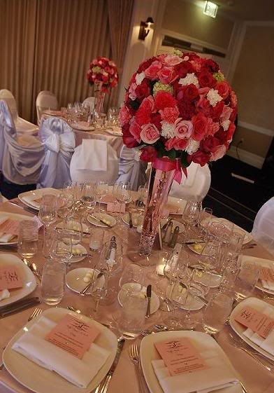 martini glass centerpieces. wedding centerpiece hot pink