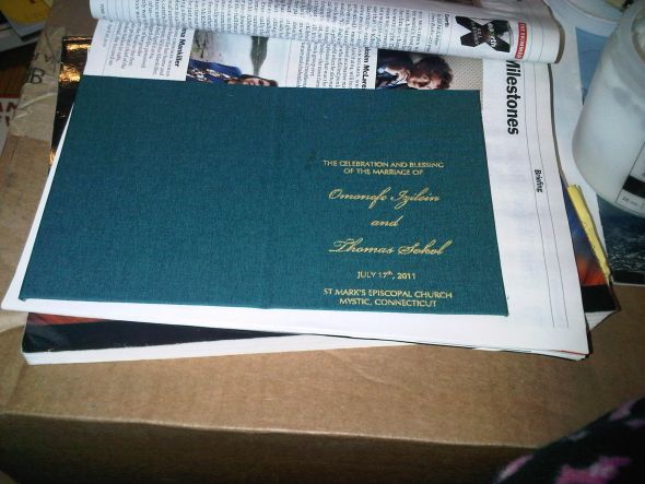 Teal and Gold programs books in progress :  wedding bookbinding bookcloth teal gold diy Reverse Side After Glueing Down Sides