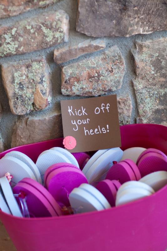 Kick off your heels!  Flip flops for the guests :  wedding flip flops thong bucket pink white dancing heels inspiration reception shoes 0021 HeatherCasey 052911 Compressed