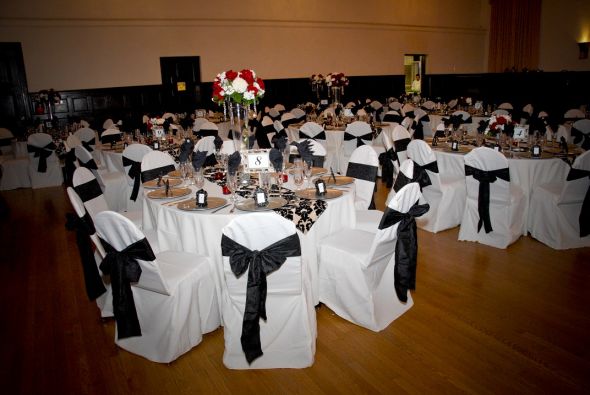220 Ivory Chair Covers w 220 Black Taffeta Chair Sashes wedding black 