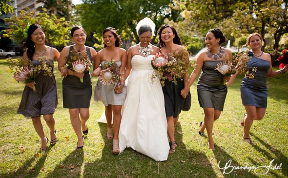 Hitched in Hawaii - I'm Married! Sneaky peek from the photog! :  wedding protea hawaii bridesmaids married gray dresses statement necklace Aloha Tower Wedding Photos MariaMike 20110604 1028