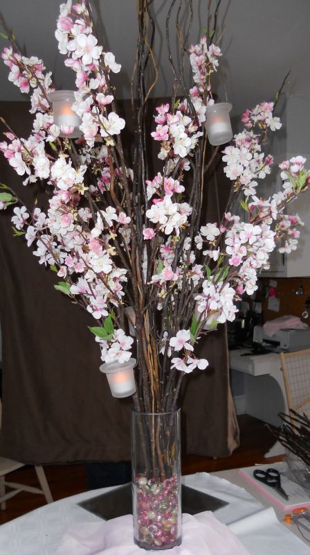 Cherry Blossom and curly will centerpiece with handing candles wedding 