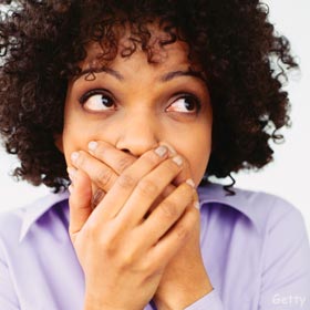 The F word: breaking the preemptive curse :  wedding fiance pre engagement Woman Covering Mouth Looking Up