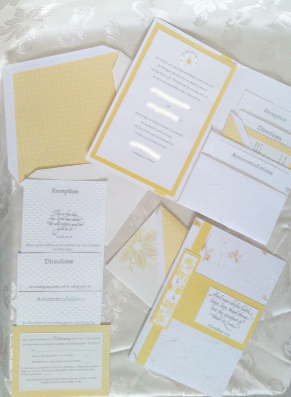 Yellow invites handmade paper cuttlebug wedding pocketfold invites yellow