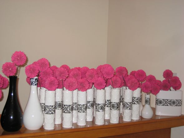  PINK FLOWERS INCLUDED 4 EACH black whitedamask wedding decor for sale 