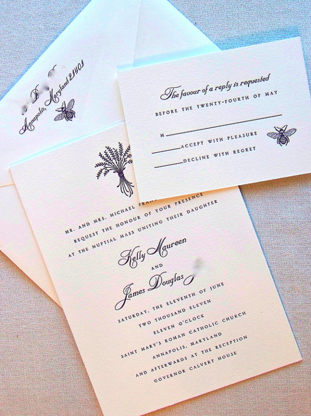 Letterpress invitations and homemade programs Honey Lavender wedding 