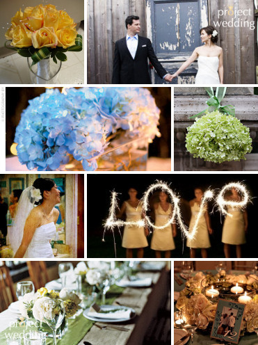 Yellow Blue and Sage with lots of blue hydrangeas wedding yellow blue