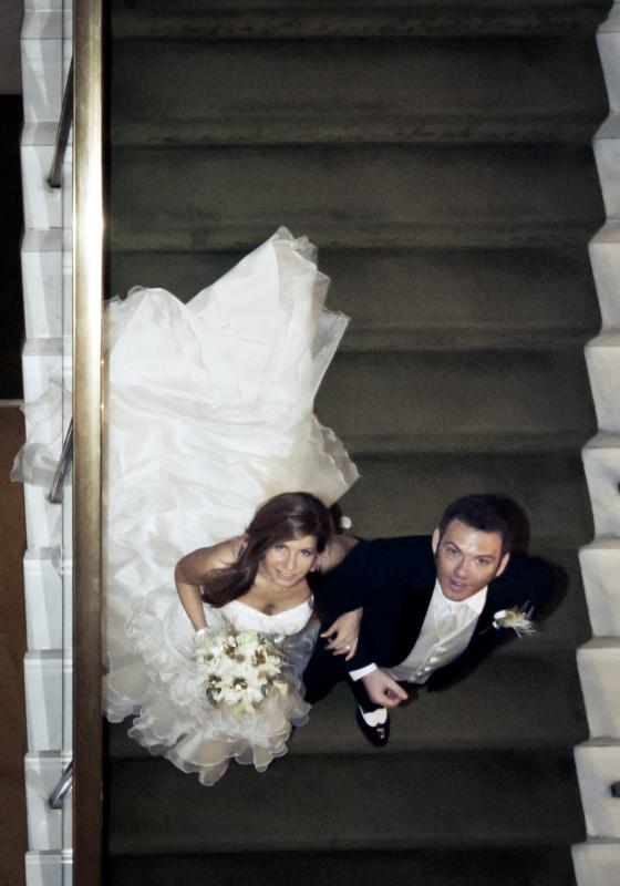 Joelle Arqueros and Nicolas Read Dorothy Chandler Pavillion -maggie dress :  wedding maggie sottero destiny joelle arqueros nicolas read ivory ceremony dress View Above On Stairs