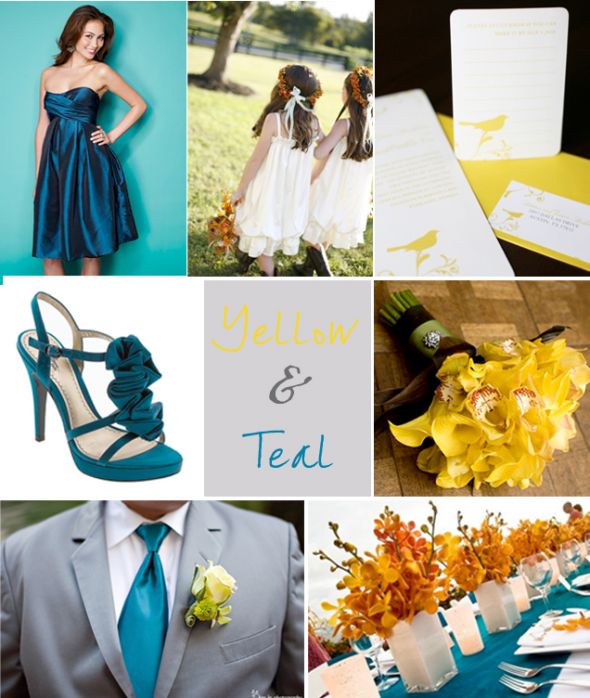 wedding color palette teal silver green Yellow Teal