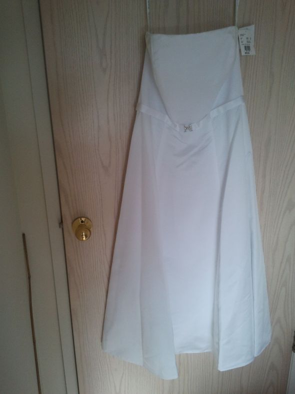 David's Bridal BR1000 White tea length satin wedding dress with rhinestone