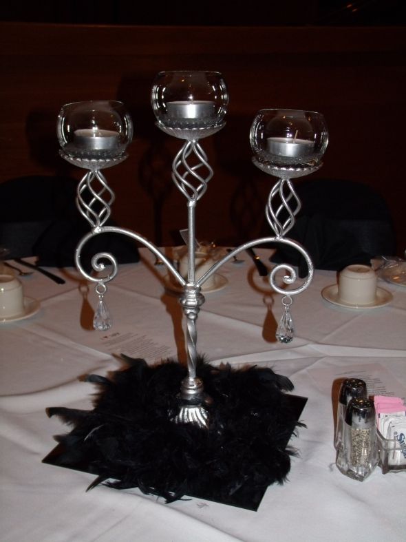 Feather Boa and Candelabra wedding black white silver Cenerpiece Feathers