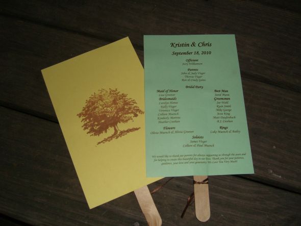 Tree Fan Program wedding fans programs trees rustic gold green yellow 