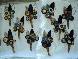 10 Button Boutonnieres - Navy Blue, Tan, Gold - $75 : wedding button boutonniere navy ivory Boutoni