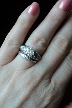 Spinoff: Post pics of your two rings together (wedding ring + engagement ring) :  wedding ring wedding engagement pic photo two finger together worn wear ring porn Ring 2