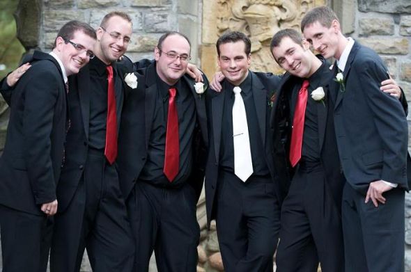 red shirt and a black tie Tell us about your wedding wedding Party
