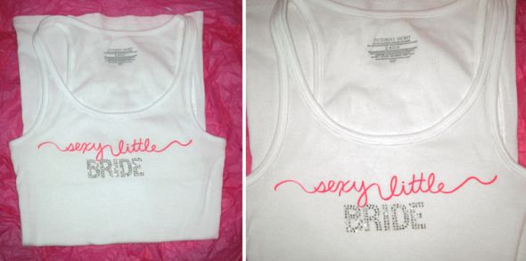 It has hot pink screen printed letters that says'Sexy Little Bride' with