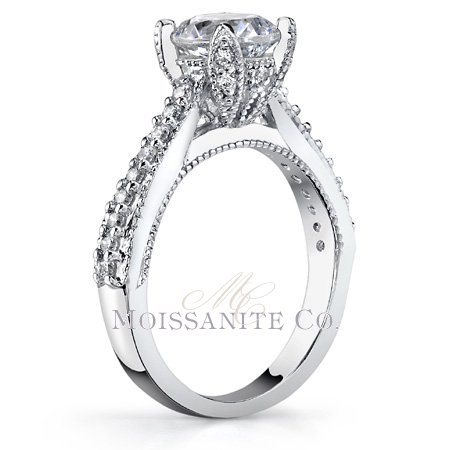 Moissanite: Everything You Wanted to Know :  wedding moissanite diamond alternative charles and colvard Antique Tulip Cushion Moissy Ring