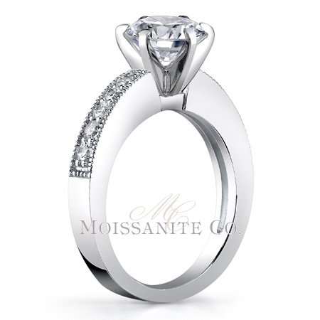 Moissanite: Everything You Wanted to Know :  wedding moissanite diamond alternative charles and colvard Round Brilliant Milgrain Accent Moissy Ring