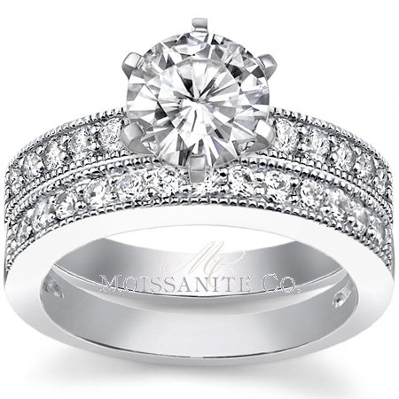 Moissanite: Everything You Wanted to Know :  wedding moissanite diamond alternative charles and colvard Round Brilliant Milgrain Accent Moissy Set