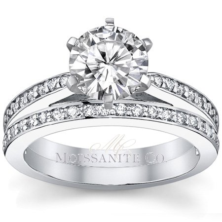 Moissanite: Everything You Wanted to Know :  wedding moissanite diamond alternative charles and colvard Round Channel Set Cathedral Moissy Set