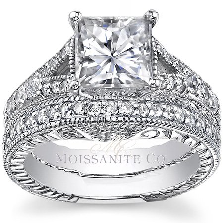 Moissanite: Everything You Wanted to Know :  wedding moissanite diamond alternative charles and colvard Square Brilliant Antique Split Shank Moissy Set