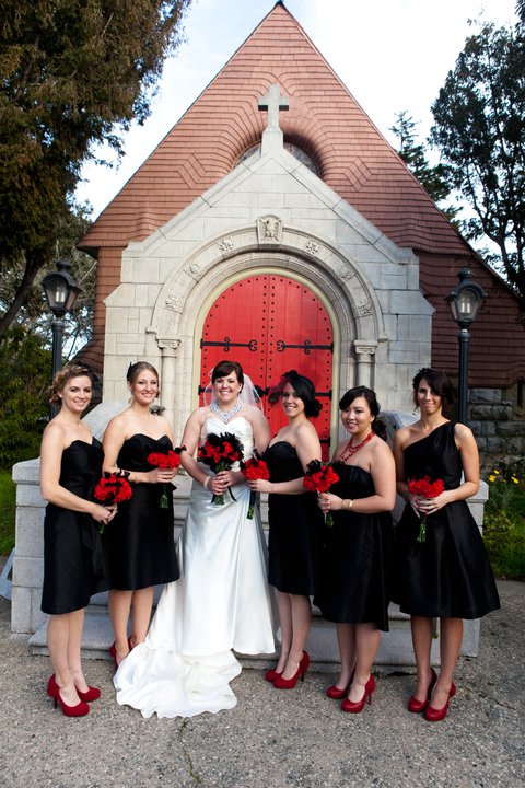 Bride and Groom in White Bridal Party in Black wedding black and white