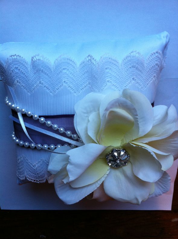 Diy ring pillow...from rags to riches! : wedding ring pillow ceremony flower pearls purple ribbon gem basket navy inspiration IMG 1555