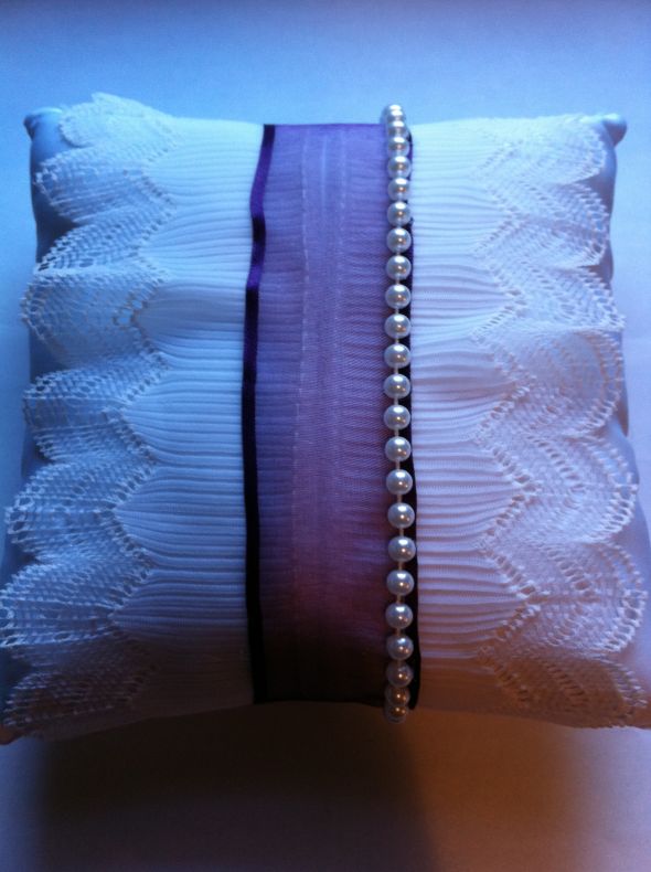 Diy ring pillow...from rags to riches! :  wedding ring pillow ceremony flower pearls purple ribbon gem basket navy inspiration Pearls