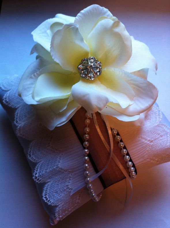 Diy ring pillow...from rags to riches! :  wedding ring pillow ceremony flower pearls purple ribbon gem basket navy inspiration Pillow