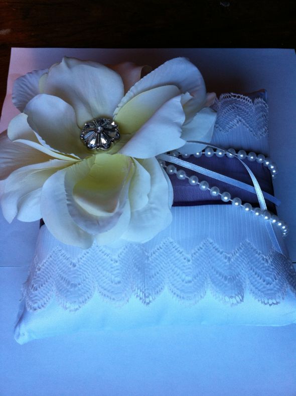 Diy ring pillow...from rags to riches! : wedding ring pillow ceremony flower pearls purple ribbon gem basket navy inspiration Pillow3