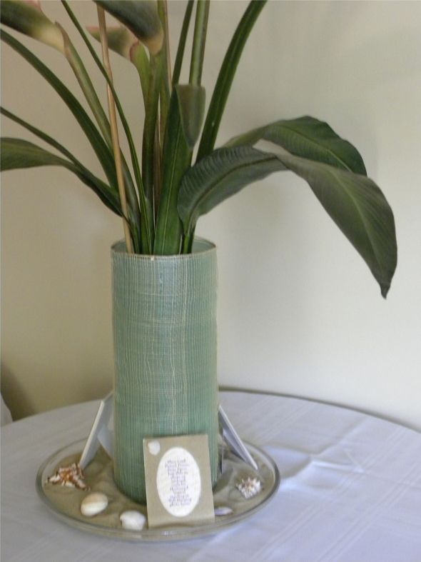 12 Beach Theme Centerpieces ( Pick Up in Fairfax, VA) :  wedding beach centerpieces shells sand bird of paradise tropical reception DSCN2969