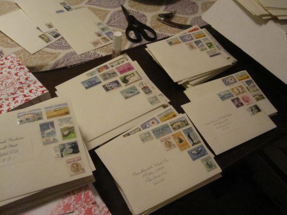 My finished vintage stamp envelopes pic heavy wedding IMG 2608
