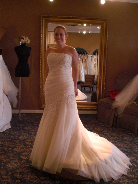 Please help me find the designer of this dress!! :  wedding designer gown bridal shop tag Latte Gown